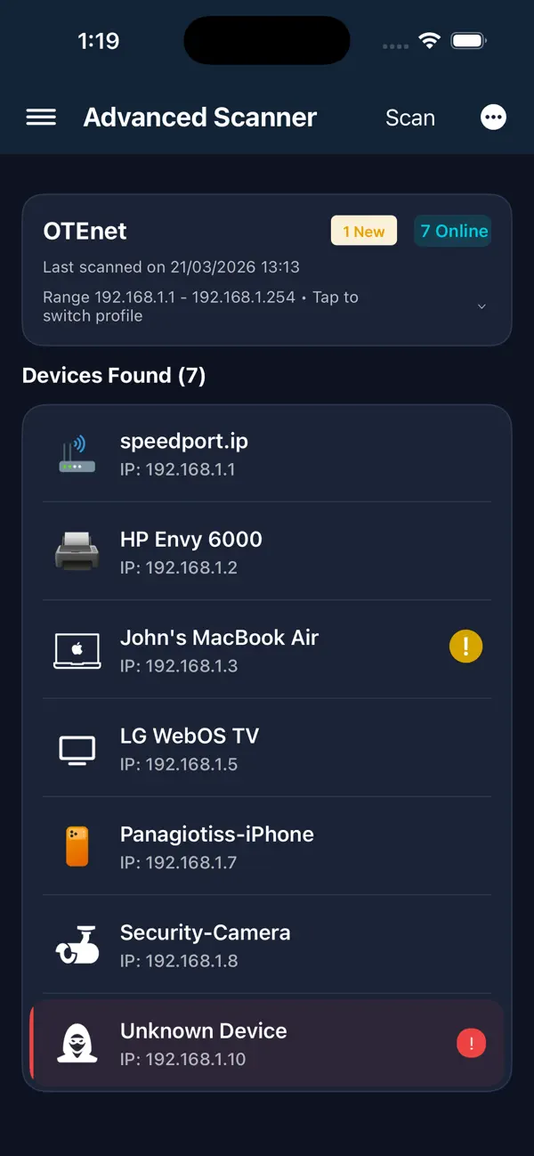 IP Scanner — Wi-Fi network scanner showing all devices
