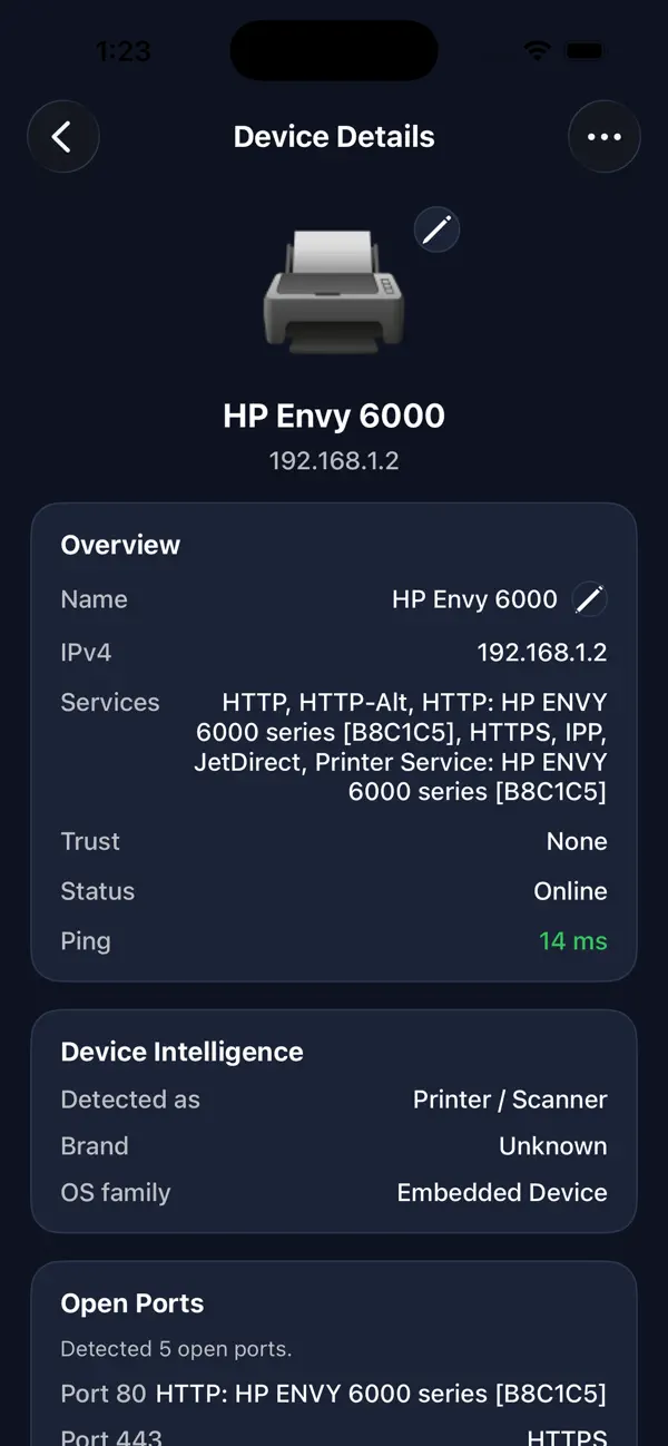 IP Scanner app — device list showing all Wi-Fi connected devices