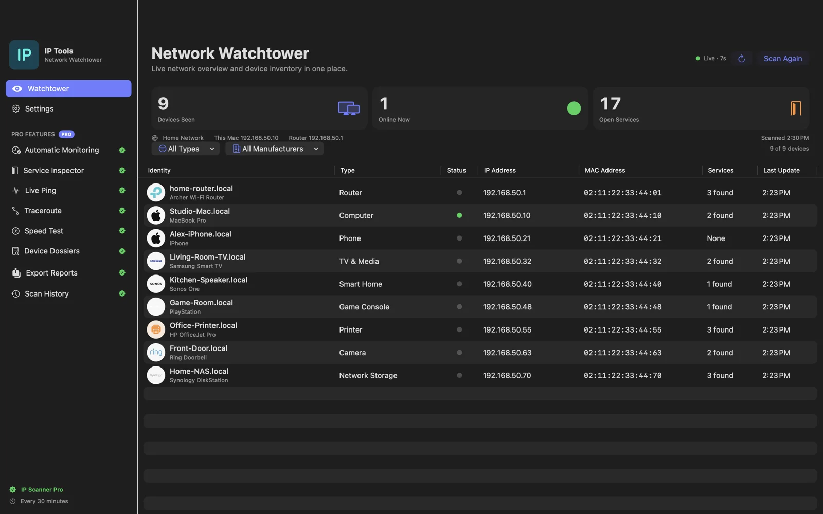 IP Scanner for Mac showing the Network Watchtower device inventory