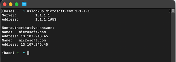 Terminal output showing nslookup microsoft.com 1.1.1.1 results