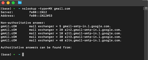 Terminal output showing nslookup -type=MX gmail.com results
