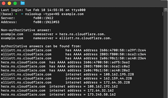Terminal output showing nslookup -type=NS example.com results